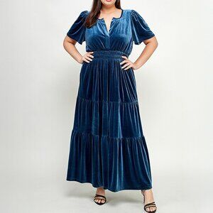 Boho Dark Teal Blue Velvet Short Sleeve Tiered A-line Cocktail Maxi Dress 16